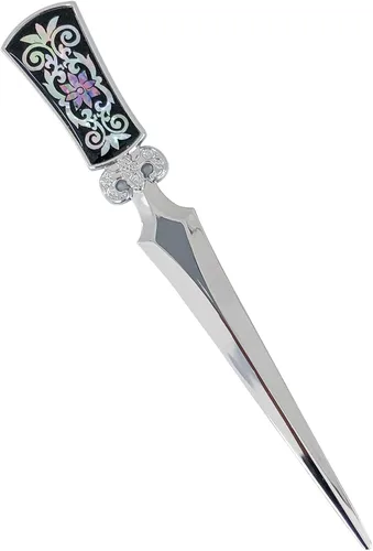 Vista 10 de Cuchillo de oficina de acero de metal con incrustaciones de madreperla Cortador de mano, sobre abrecartas (hortensia)