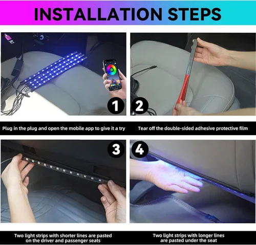 Vista 5 de Luces interiores para automóvil, control de aplicación, luces LED inteligentes para automóvil, 48 luces LED multicolor, luces interiores LED