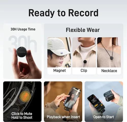 Vista 4 de MAONO Micrófono Lavalier inalámbrico para cámara/PC/portátil/teléfonos, mini micrófono de solapa con 48 khz 24 bits, rango de 1000 pies, cancelación