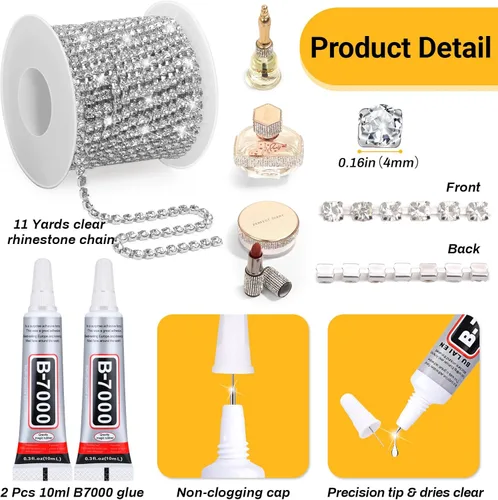 Vista 3 de Cadena de cierre de diamantes de imitación de cristal con pegamento de joyería B7000, 11 yardas de 0.157 in de plata con cuentas transparentes