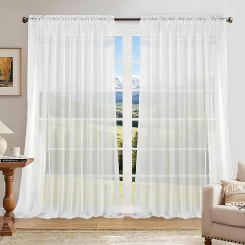 Vista 10 de Dreaming Casa Cortinas traslúcidas lisas con bolsillo para barra, 2 paneles de 52 pulgadas de ancho x 96 pulgadas de largo, color blanco