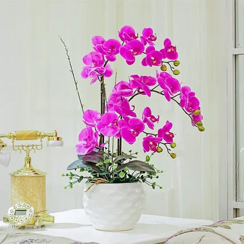 Vista 5 de GOOFFY Hermosas orquídeas artificiales de seda, orquídea blanca, rosa, ramo de Phalaenopsis flores falsas con jarrón para decoración de boda, hogar