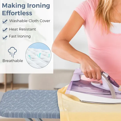 Vista 7 de COSTWAY Tabla de planchar con soporte de hierro, soporte de hierro de tamaño completo con 3 capas de cubierta extra gruesa, 7 alturas ajustables