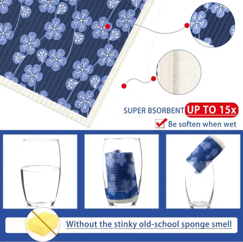 Vista 4 de Cunhill 9 paños de cocina suecos absorbentes suecos, paños de cocina suecos, flores, suaves, reutilizables, esponja, de secado rápido, trapos