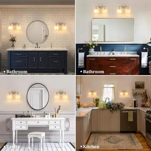 Vista 3 de Shenmoyl Lámparas de baño, lámpara de pared de 2 luces para tocador sobre espejo con pantalla de vidrio tulipán blanco para dormitorio, sala