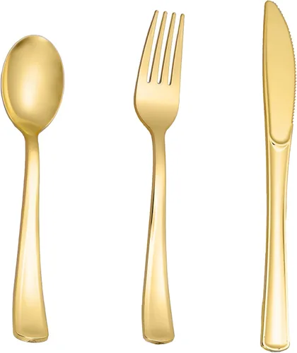 N9R Juego de cubiertos de plástico dorado de 160 piezas, juego de cubiertos de plástico dorado, 80 tenedores, 40 cucharas, 40 cuchillos, juego de