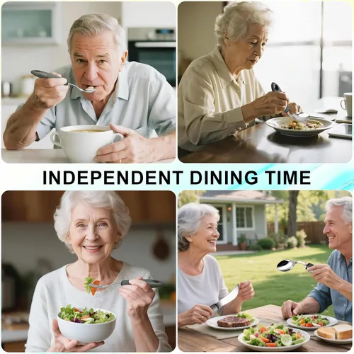 Vista 7 de Haiou Juego de cubiertos adaptativos de 4 piezas, utensilios en ángulo de 42° para pacientes de Parkinson y ancianos con temblores de mano