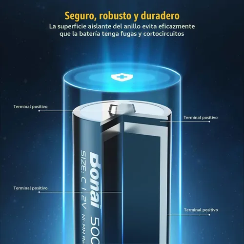 Vista 6 de BONAI Baterías C recargables, células C 5000mAh 1.2V Ni-MH de alta capacidad de tamaño C (paquete de 4)