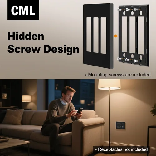 Vista 2 de CML - Placa de pared decorativa negra sin tornillos de 3 segmentos, paquete de 2 cubiertas de receptáculo de salida y placa de interruptor, cara