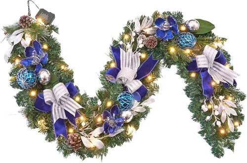 Vista 18 de Guirnalda de Navidad preiluminada de 1.83 metros con diseño de búfalo a cuadros en blanco y negro, decoración navideña con 30 luces LED, decoración