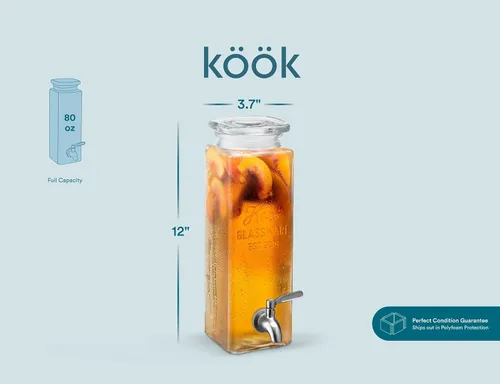 Vista 8 de Kook Dispensador de bebidas de vidrio, con grifo de acero inoxidable a prueba de fugas, frasco Mason rectangular transparente, almacenamiento