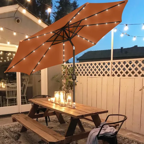 Vista 119 de Blissun Sombrilla solar de 9 pies, sombrilla de patio con 32 luces LED, sombrilla de mercado de mesa, sombrilla al aire libre para jardín, terraza