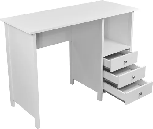 Vista 8 de Techni Mobili Escritorio blanco con cajones: escritorio de oficina pequeño con 3 cajones de gabinete, estante abierto y paneles de madera laminada