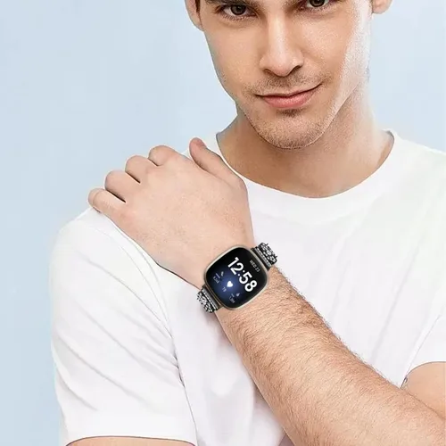 Vista 5 de Correa de muñeca diseñada para Fitbit Versa 4/Versa 3 Smartwatch Bling Bands para mujer, elegante pulsera de acero inoxidable de metal con diamantes