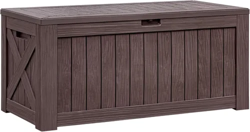Vista 26 de Caja de resina de cubierta de 40 galones de Flamaker, caja de almacenamiento impermeable para interiores y exteriores, imitación de madera