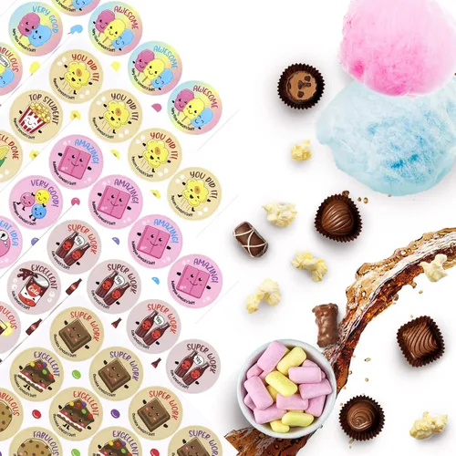 Vista 5 de Calcomanías para rascar y oler – 864 piezas, 12 aromas diferentes, 36 hojas – Calcomanías de recompensa para niños, profesores, padres