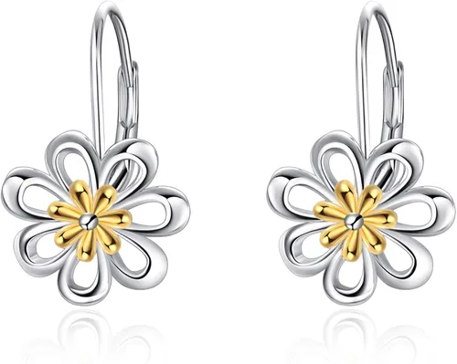 LUHE - Aretes de margarita, aretes de rosa, aretes de loto, aretes de girasol de plata de ley chapados en oro con filigrana y flor, cierre