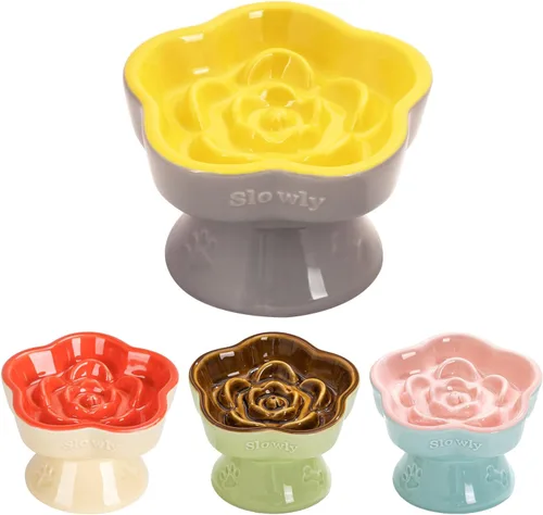 S&Q's CERAMICS Cuenco elevado de alimentación lenta para gatos, cuenco elevado de cerámica para perros pequeños, comedero lento en forma de flor