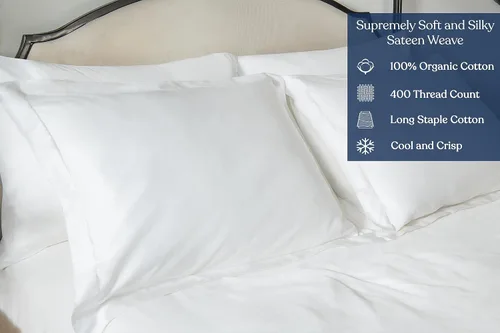 Vista 2 de Sábanas de algodón 100% orgánico con certificación GOTS, algodón de fibra larga de 400 hilos, ultra suave, sedoso, absorbe la humedad, suave