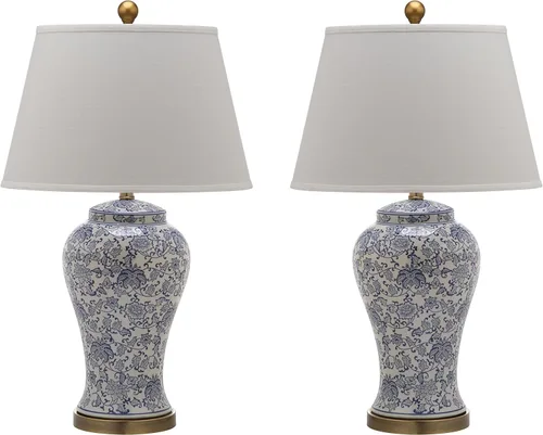 SAFAVIEH Lighting Collection - Juego de 2 lámparas de mesa florales azules y blancas, lámparas de cerámica de 29 pulgadas para dormitorio, sala de