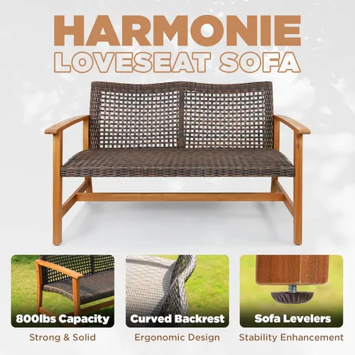 Vista 3 de IDZO Harmonie - Muebles de sofá biplaza para exteriores con capacidad de 800 libras, sofá de patio de acacia certificado FSC con mimbre resistente a