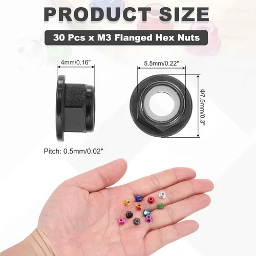 Vista 2 de MECCANIXITY 30 piezas de tuercas de bloqueo de aleación de aluminio M3 con paso de 0.5 mm, tuercas hexagonales con brida de nylon con rosca serrada