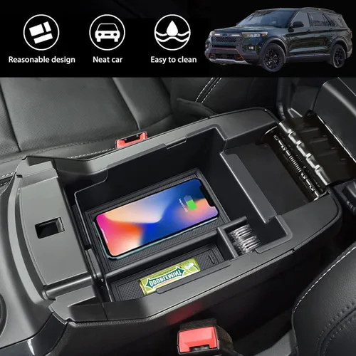 Vista 5 de Organizador de consola central compatible con accesorios Ford Explorer 2012, 2013, 2014, 2015, 2016, 2017, 2018, 2019, caja de almacenamiento