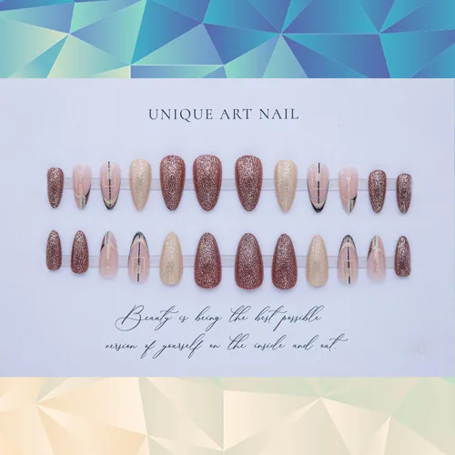 Vista 3 de Juego de 24 uñas postizas a presión con punta de almendra mediana, uñas postizas artificiales con diseño de línea de polvo dorado, cobertura