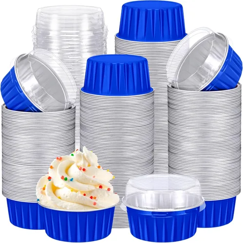 Vista 14 de Gejoy 400 tazas de papel de aluminio para hornear con tapas, moldes desechables de 5 onzas, mini moldes para tartas, moldes para magdalenas, moldes