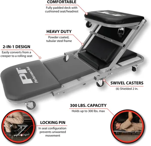 Vista 2 de Performance Tool W85018 Asiento Rodante Plegable Enredadera de 40 Pulgadas, Silla de Garaje Ajustable Todo en Uno, Para Acostarse o Sentarse