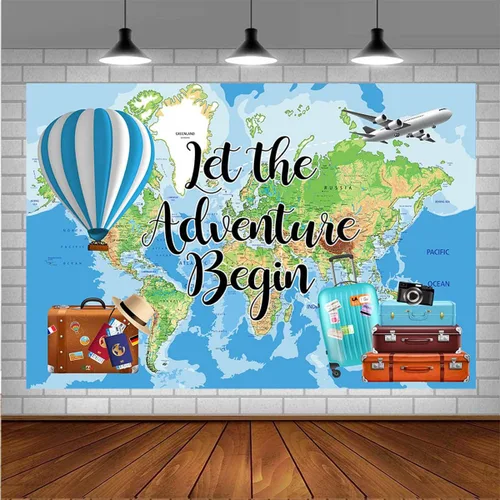 Let The Adventure Begin - Fondo de fotografía de fondo de gira mundial, mapa, maleta de avión, decoraciones de fiesta de cumpleaños, globo