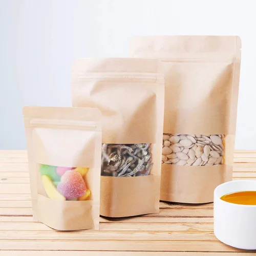 Vista 5 de LZLPACKING Bolsas de papel kraft de pie 100 unidades, bolsas resellables marrones con ventana para el hogar o negocios, café, bolsas