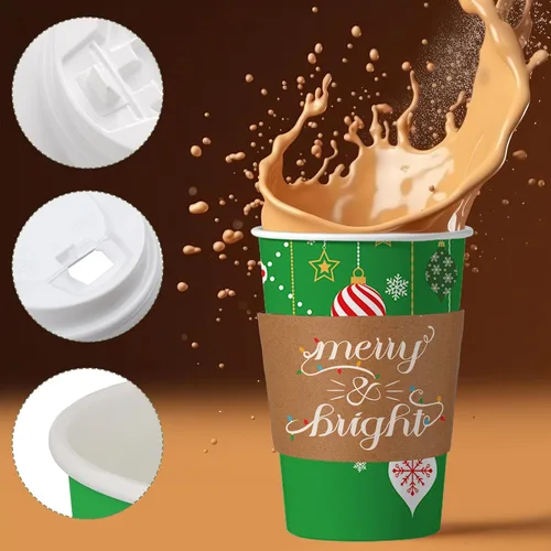 Vista 4 de 36 juegos/108 vasos de papel de Navidad de 16 onzas desechables de Navidad para llevar, tazas de café con tapas y mangas, taza de café de cacao