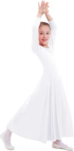 Vista 4 de ZX Vestido de baile de alabanza de manga larga para niñas, largo completo, con columpio, lírico, disfraz litúrgico, para culto