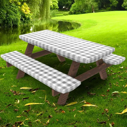 Vista 14 de UMINEUX Funda de mesa de picnic con fundas de banco, ropa de mesa ajustable para mesas rectangulares de 6 pies, respaldo de franela de vinilo