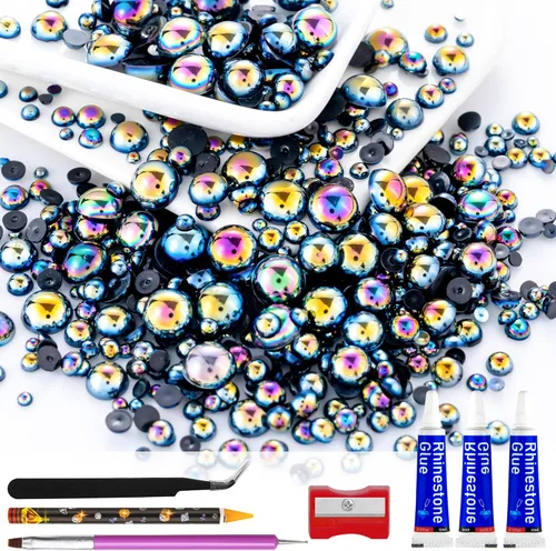 Vista 56 de 60g de perlas planas doradas con parte trasera de diamantes de imitación para manualidades, tamaño mixto de 3mm-10mm, color AB, redondas, cuentas