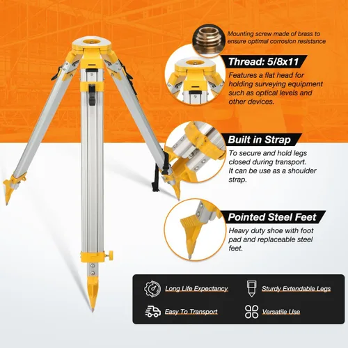 Vista 2 de Trípode de topografía, trípode de levantamiento de aluminio con abrazadera rápida de cabeza plana de 11 roscas de 5/8 pulgadas para teodolito