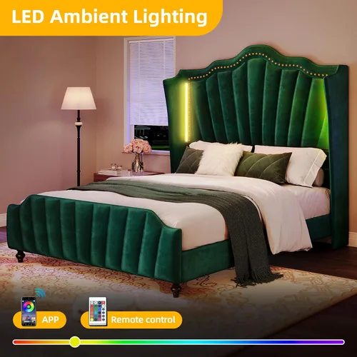 Vista 46 de DWVO Base de cama de plataforma tamaño Queen con cabecera y estribo de 60 pulgadas de alto, cama tapizada de terciopelo con luz LED, patas de madera