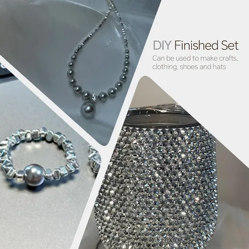 Vista 6 de 60g Perlas de Plata Gris y Diamantes de Imitación para Manualidades Tamaño Mixto 3mm-10mm Color AB Perlas Redondas Mitad Planas y Diamantes