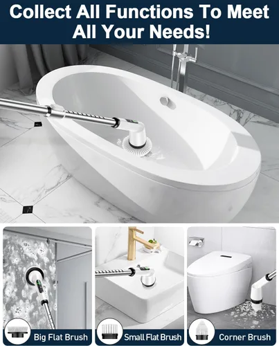 Vista 3 de Limpiador de ducha con mango largo para limpiar el baño, cepillo de limpieza eléctrico con IPX7 impermeable y 2 velocidades, 3 cabezales de cepillo