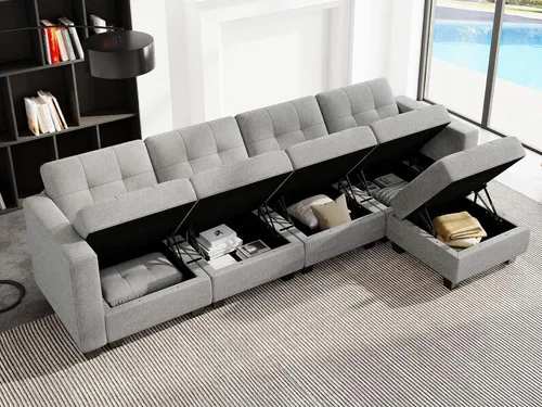 Vista 101 de Belffin Sofá modular modular con tumbonas dobles en forma de U, modular con asiento de almacenamiento, sofá modular con otomanas reversibles