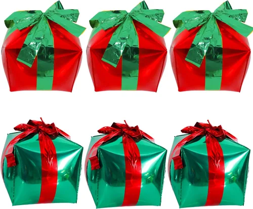 Vista 3 de KALOR 6 Piezas Globos de Caja de Regalo Cubo de 18 Pulgadas Dorado Plateado Rojo, Globos de Mylar de Navidad, Globos de Navidad para Decoraciones