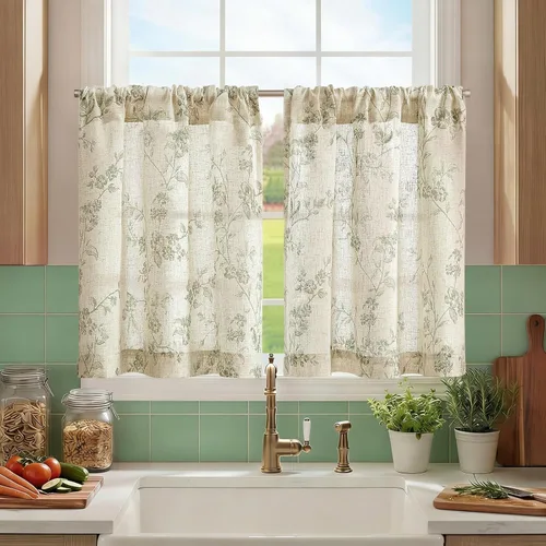 Vista 29 de JINCHAN Cortinas florales de cocina de 24 pulgadas, cortinas de lino de varios niveles, cortinas de granja de estilo cafetería, cortinas para media