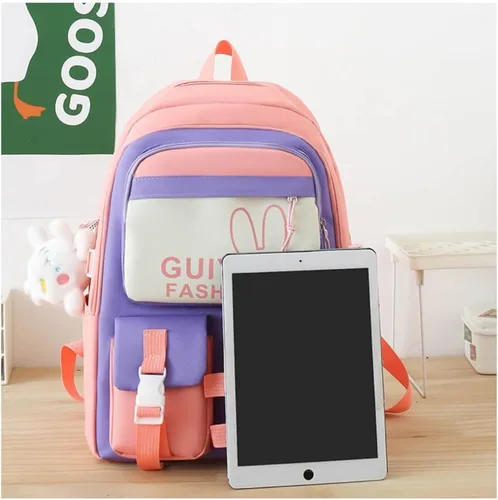 Vista 4 de Linda mochila con accesorios kawaii 5PCS Set Mochila de gran capacidad, Conjunto de cinco piezas negro