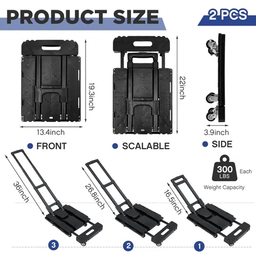 Vista 2 de Carro plegable de 2 unidades, 330 libras, carretilla de mano plegable con 6 ruedas, 2 cuerdas elásticas, carrito portátil resistente, carrito