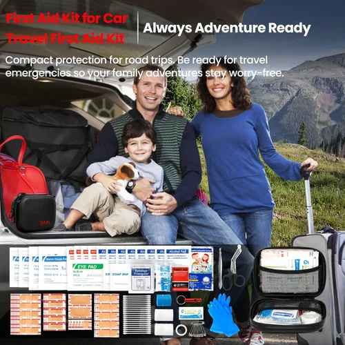Vista 8 de Kit de primeros auxilios de 120 piezas para viajes, coche y supervivencia de emergencia, suministros médicos compactos e impermeables con vendajes