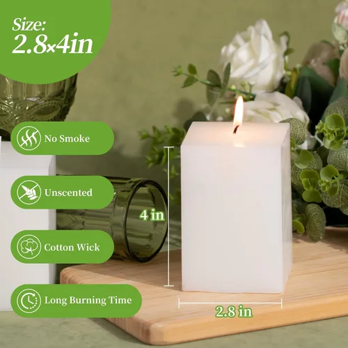 Vista 2 de KONNI Juego de 3 velas de pilar blancas cuadradas, 7 cm x 10 cm Velas de pilar sin perfume a granel, velas de combustión larga de 30 horas, velas