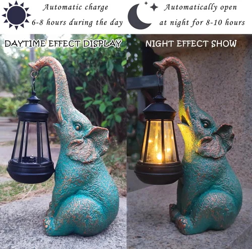 Vista 9 de JOYBEE - Estatuas de jardín de elefante con linterna solar para decoración al aire libre, figuras solares de elefante, decoraciones de luces