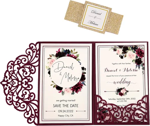 50 invitaciones de boda personalizadas de 4.7 x 7 pulgadas, cortadas con láser burdeos, con sobres, bolsillo hueco rosa y purpurina dorada para