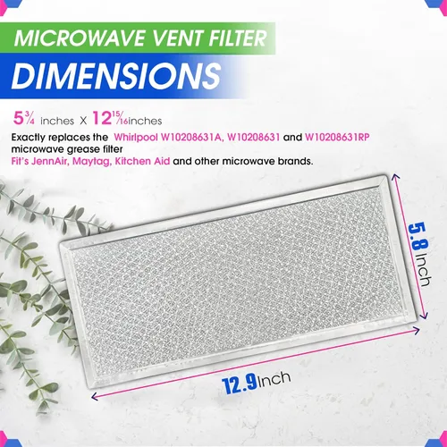 Vista 3 de Filtro de repuesto para microondas de 5.78" x 12.91", se adapta al filtro de microondas Whirlpool W10208631A - Filtros de grasa de malla de aluminio